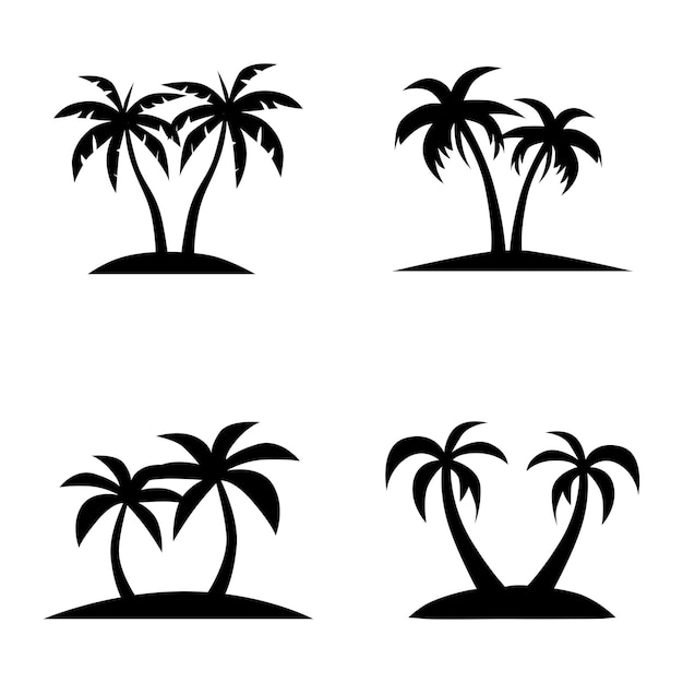 Logotipo de palmera en el diseño de la isla de dos palmeras en la playa al atardecer diseño de estilo de arte plano aislado fondo blanco