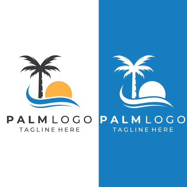 Logotipo de palmera con olas y sol uso de la edición de diseño de plantilla de illustrator