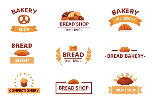 Logotipo de panadería Pan de trigo pastel dulce pastel fresco y cupcake para cocinar banner menú decoración tienda de alimentos logotipo etiqueta de producto de oreja y emblema de postre Conjunto de vectores aislados de dibujos animados
