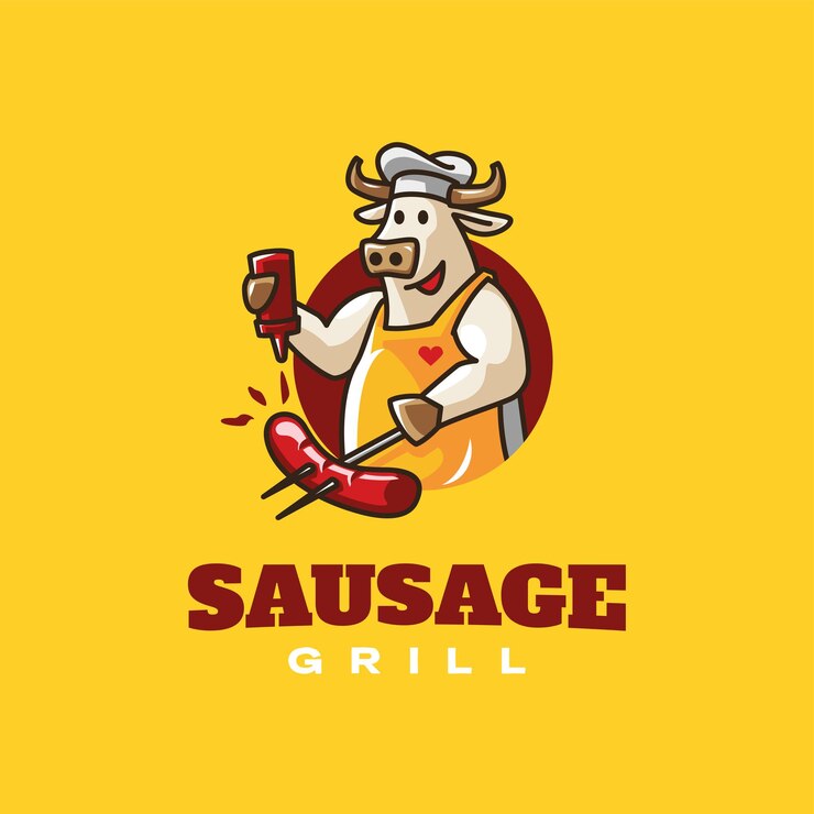 Logotipo de parrilla de salchicha de condimento de vaca feliz chef