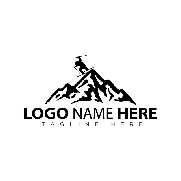logotipo de patinaje sobre nieve de montaña montaña negra con hombre patinando sobre nieve