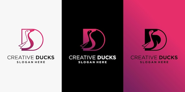 Logotipo de pato creativo diseño de logotipo de pato vectorial con el concepto de letra D con colores degradados
