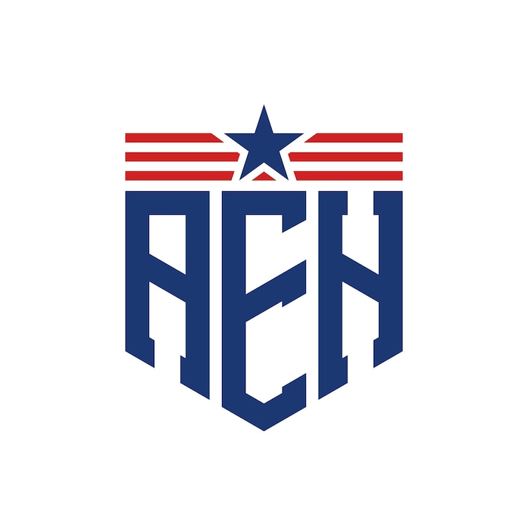Vector el logotipo patriótico de aeh con la estrella y las correas de la bandera estadounidense.