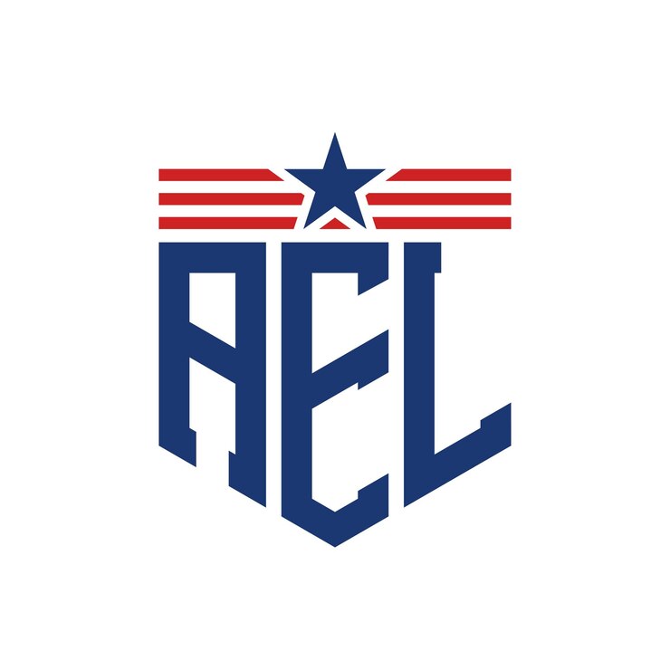 Vector el logotipo patriótico de ael con estrella y correas de bandera estadounidense, la letra ael con bandera de los estados unidos.