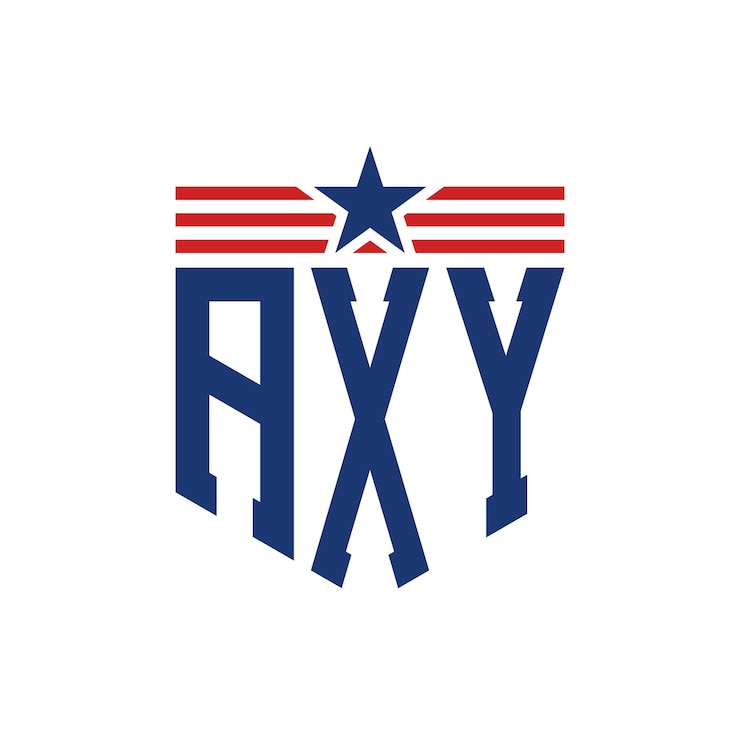 Vector el logotipo patriótico de axy con estrella y correas de bandera estadounidense, la letra axy y la bandera de los estados unidos.