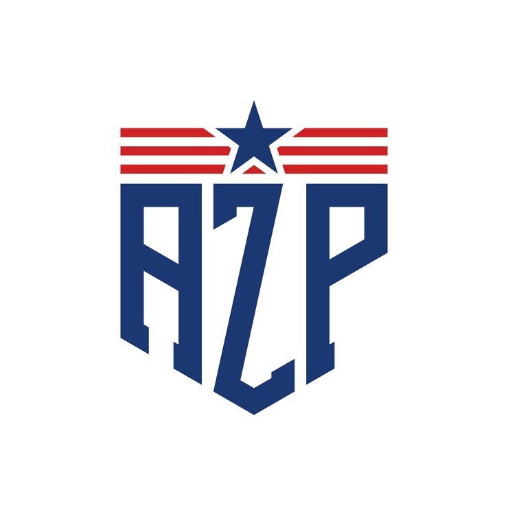 Vector el logotipo patriótico de azp con estrella y correas de bandera estadounidense, la letra azp con bandera de los estados unidos.