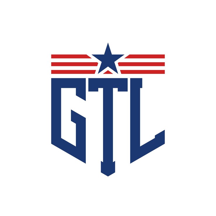 Vector el logotipo patriótico de gtl con estrella y correas de bandera estadounidense, letra gtl con bandera de los estados unidos.