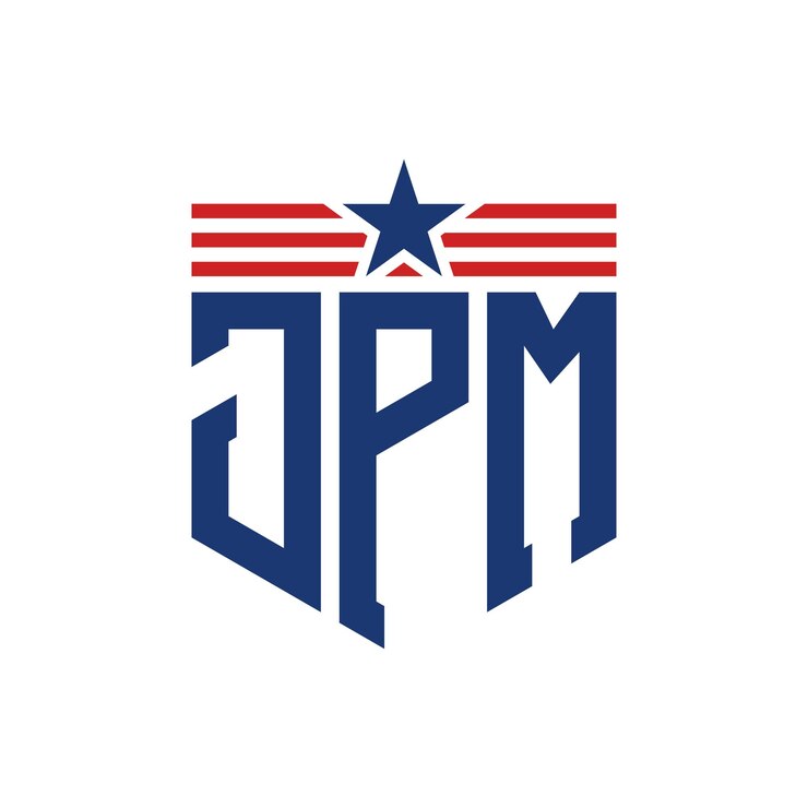Vector el logotipo patriótico de jpm con estrella y correas de bandera estadounidense, letra jpm con bandera de los estados unidos.