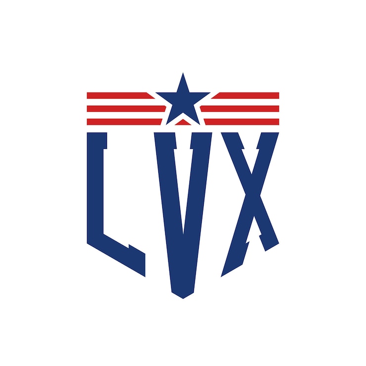 Vector logotipo patriótico de lvx con estrella y correas de bandera estadounidense letra logotipo lvx con bandera de los estados unidos