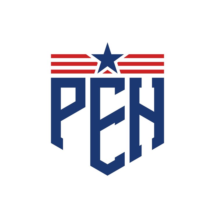 Vector el logotipo patriótico de peh con la estrella y las correas de la bandera estadounidense, la letra peh, el logotipo con la bandera de los estados unidos.
