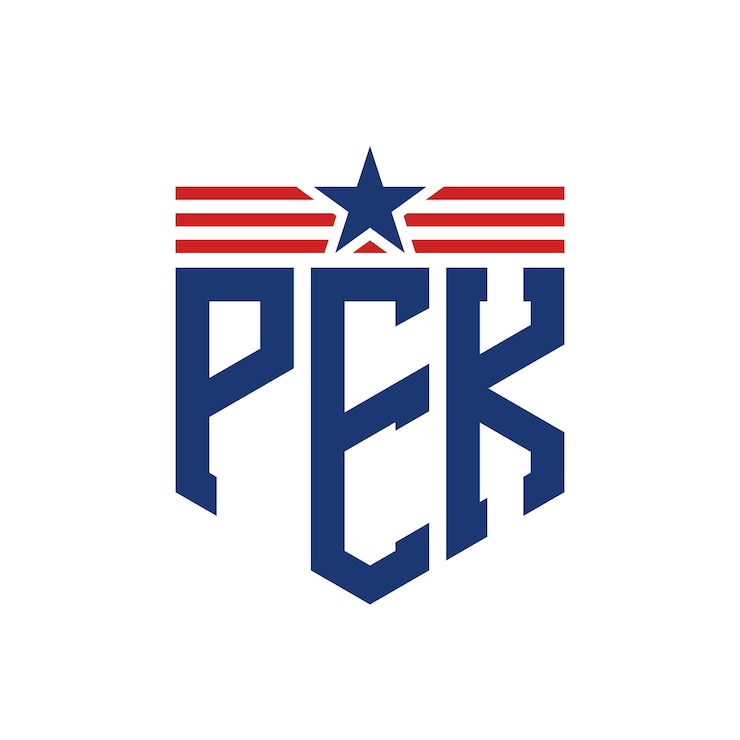 Vector logotipo patriótico pek con estrella y banderas de la bandera americana letra logotipo pek con bandera de los estados unidos