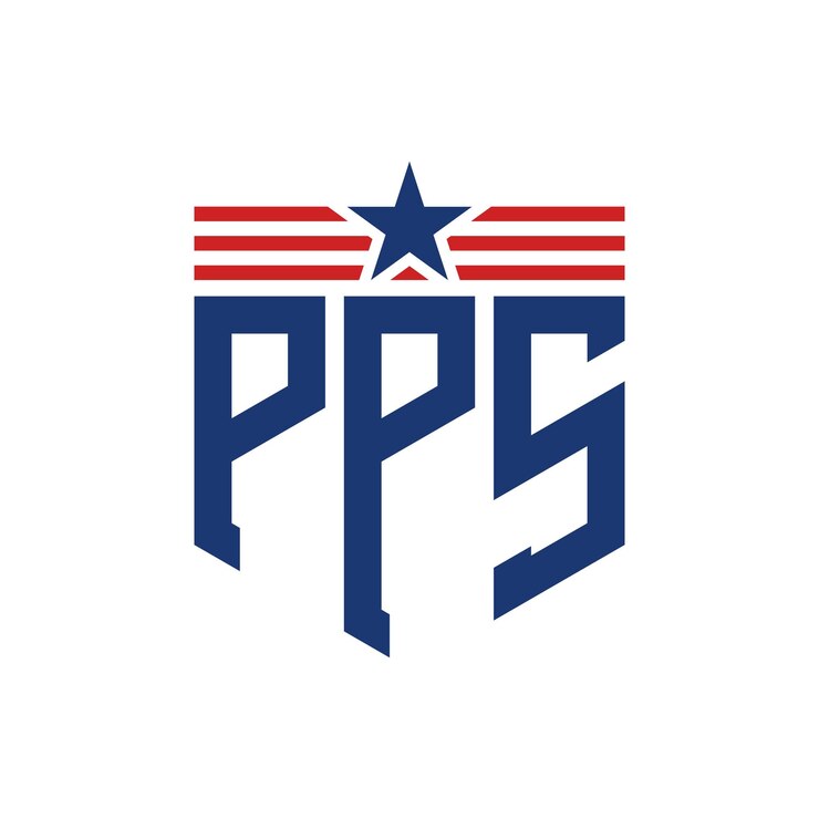 Vector el logotipo patriótico de pps con estrella y correas de bandera estadounidense, letra pps con bandera de los estados unidos.