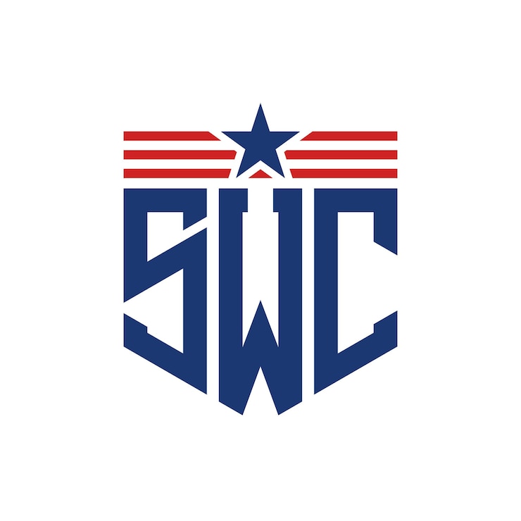 Vector el logotipo patriótico de swc con estrella y correas de bandera estadounidense letra swc con bandera de los estados unidos