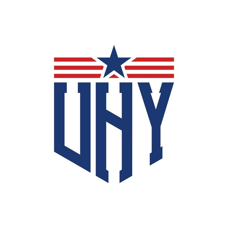 Vector logotipo patriótico de uhy con estrella y correas de bandera estadounidense carta logotipo uhy con bandera de los estados unidos