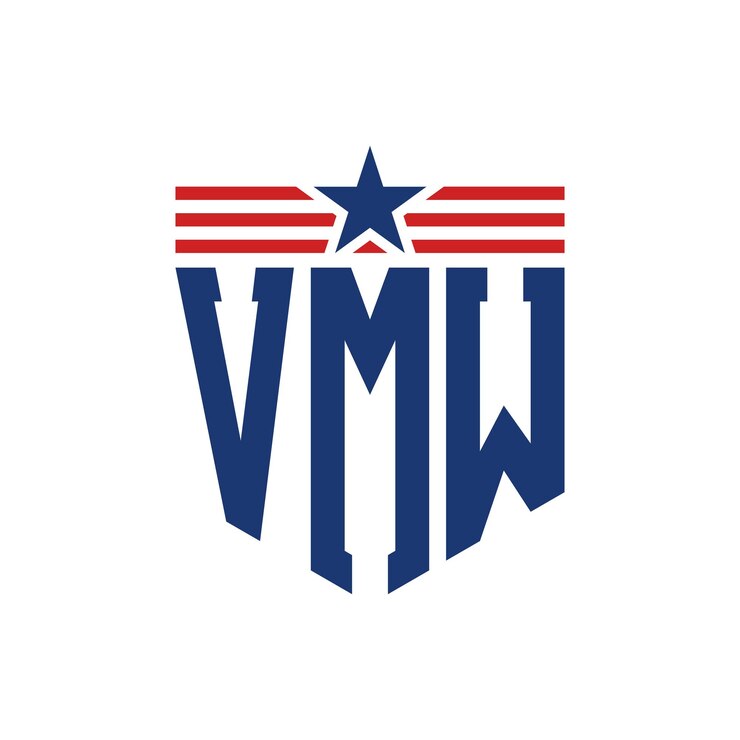 Vector logotipo patriótico de vmw con estrella y correas de bandera estadounidense carta logotipo de vmw con bandera de los estados unidos