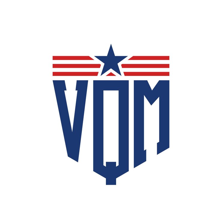 Vector logotipo patriótico de vqm con estrella y correas de bandera estadounidense carta logotipo de vqm con bandera de los estados unidos