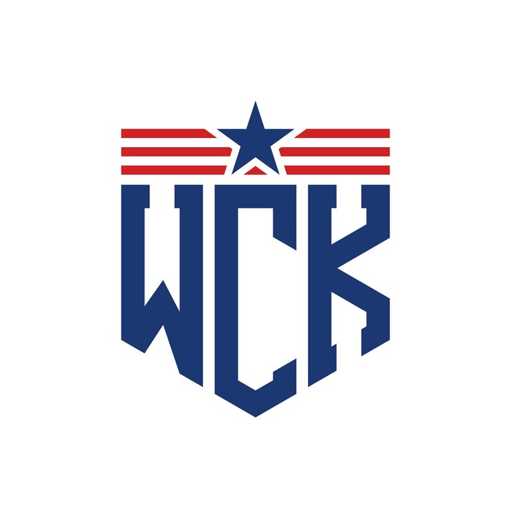 Vector el logotipo patriótico de wck con estrella y correas de bandera estadounidense, la letra wck con bandera de los estados unidos.