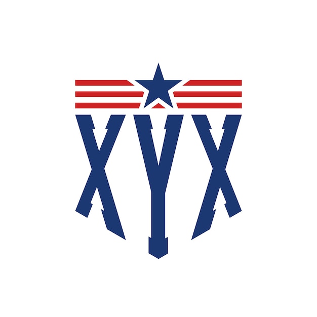 Logotipo patriótico XYX con estrella y correas de bandera estadounidense Carta Logotipo XYX Con bandera de los Estados Unidos