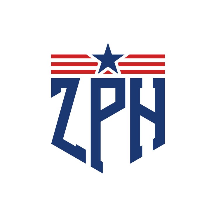 Vector el logotipo patriótico de zph con la estrella y las correas de la bandera estadounidense, la letra zph y la bandera de los estados unidos.