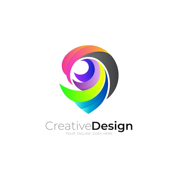 Logotipo de pavo real y combinación de diseño de ubicación estilo colorido 3d