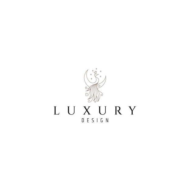 logotipo de pavo real con combinación de media luna decorada con estrellas en estilo de diseño de arte en línea