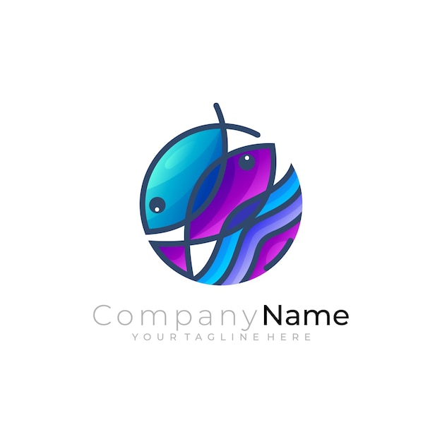Logotipo de peces y diseño de ondas de agua Logotipo de vida marina