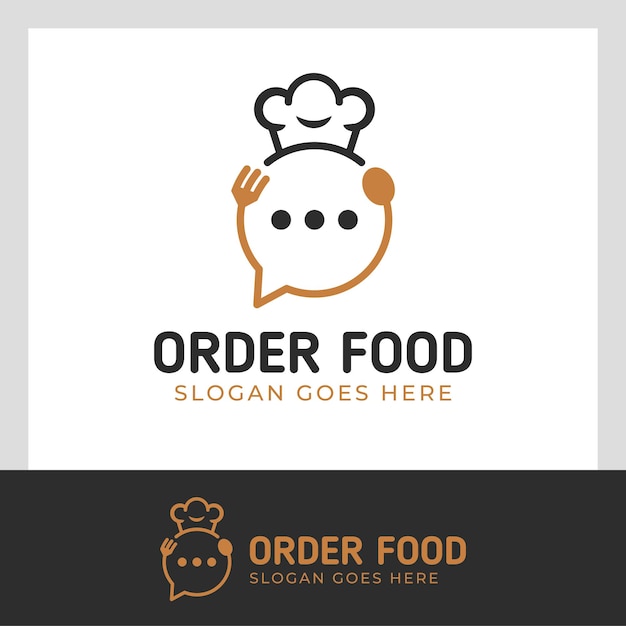 Logotipo de pedido de comida en línea con vector de icono de chat de burbuja y diseño de concepto de chef de sombrero para plantilla de logotipo de catering