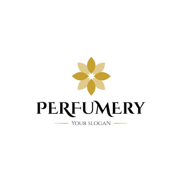 Logotipo de perfume moderno y elegante con una flor dorada.