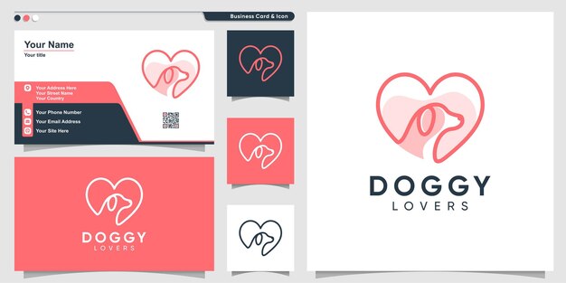 Logotipo de perro para amantes de los perros con estilo de arte de línea de elemento de amor y diseño de tarjeta de visita Vector Premium
