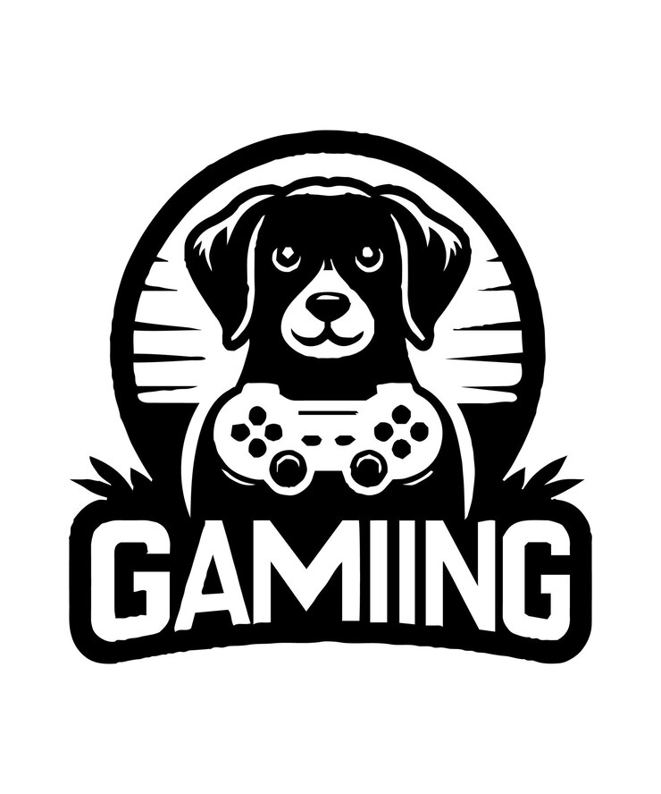 un logotipo de perro de juego en blanco y negro con un perro en él