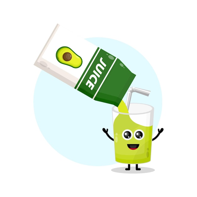 Logotipo de personaje lindo de vidrio de caja de jugo de aguacate