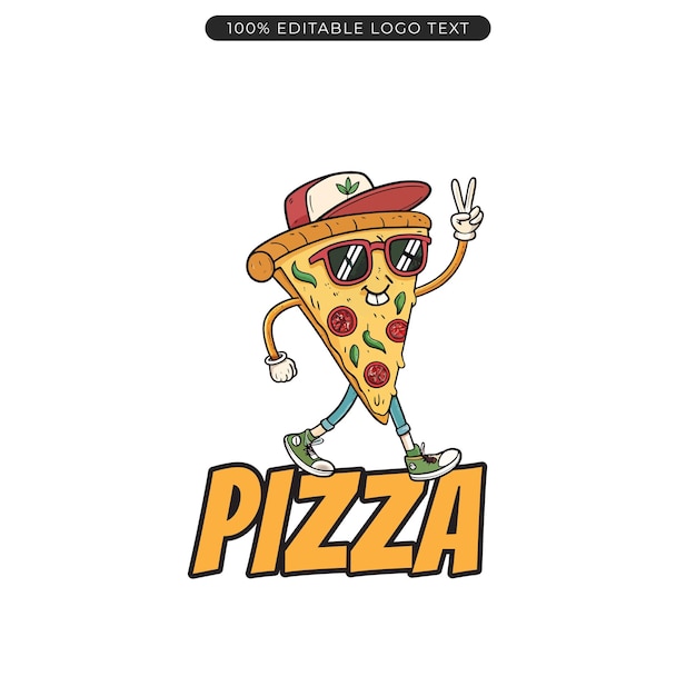 El logotipo del personaje de la pizza, la mascota de la comida rápida, el vector