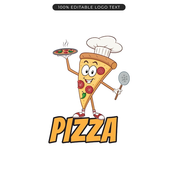El logotipo del personaje de la pizza, la mascota de la comida rápida, el vector