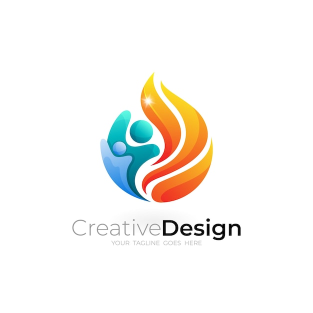 Logotipo de personas con combinación de diseño de fuego logotipos coloridos 3d