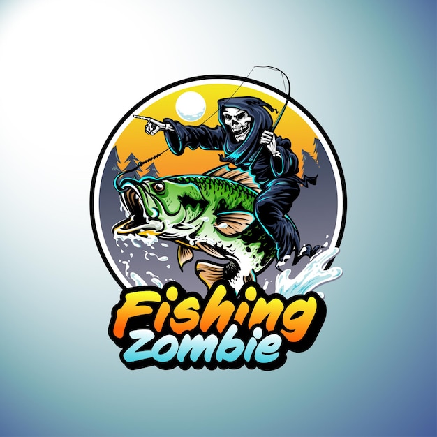 Logotipo de pesca con Grim Reaper montando peces ilustración