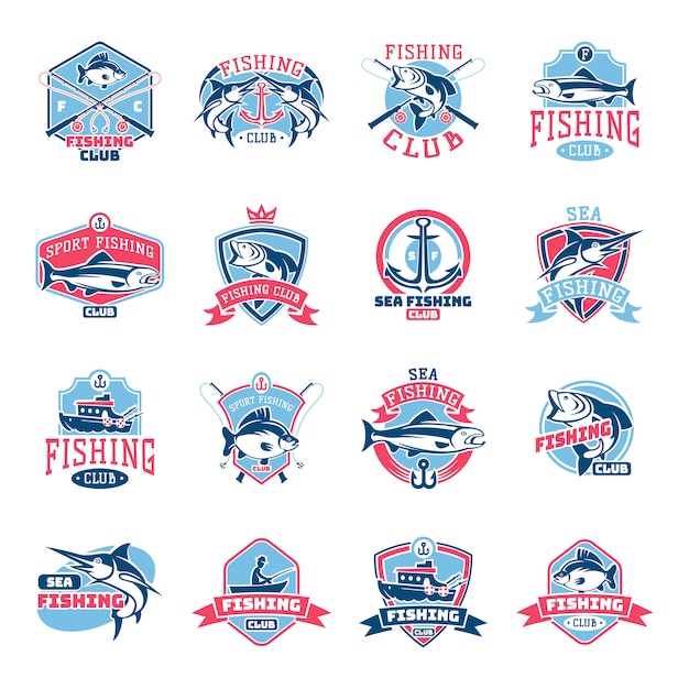 Logotipo de pesca logotipo de pesca con pescador en bote y emblema con pez pescado para el conjunto del club de pesca