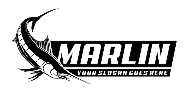 Logotipo de pesca de peces Marlin Swimming fondo aislado diseño de logotipo rústico vintage moderno excelente para usar como el logotipo y la marca de cualquier empresa pesquera