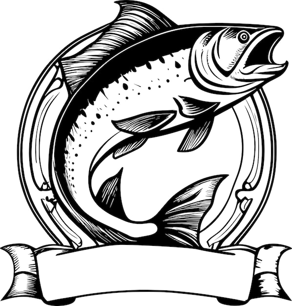 Logotipo de pesca de salmón con estilo de diseño monocromático de banner