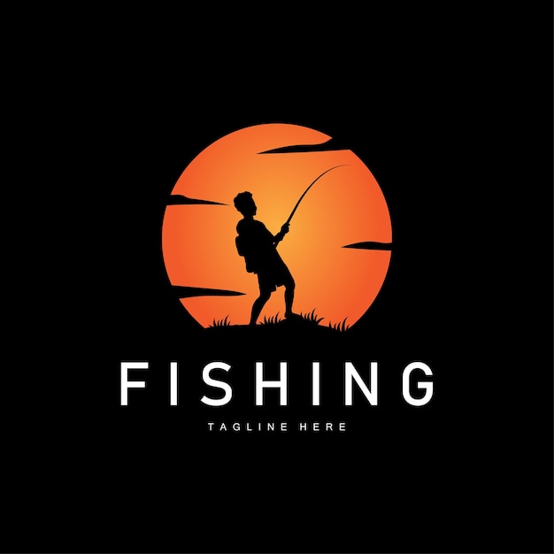 logotipo de pesca silueta negra diseño de pescador y puesta de sol al aire libre