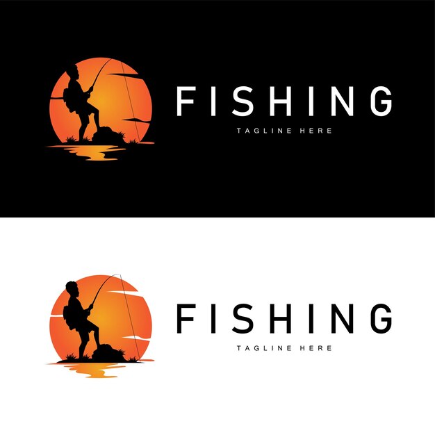 logotipo de pesca silueta negra diseño de pescador y puesta de sol al aire libre