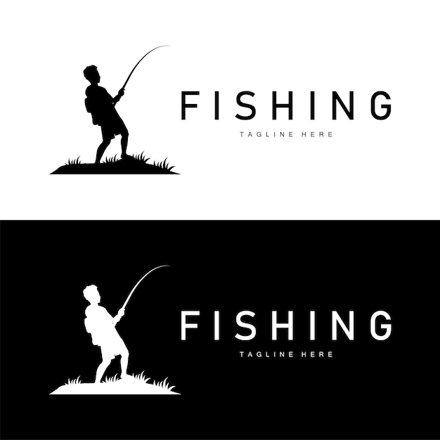 logotipo de pesca silueta negra diseño de pescador y puesta de sol al aire libre