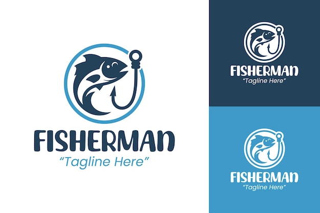 Logotipo de pescador personalizable para servicios de pesca en azul y blanco