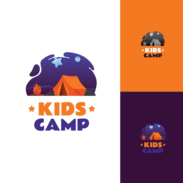 Logotipo pictórico del campamento infantil en la noche bajo la luz de la luna plantilla de logotipo estilo divertido con naranja púrpura