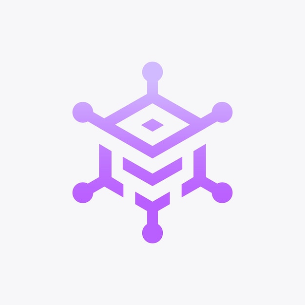 Logotipo de pila de datos abstractos en forma de hexágono con un símbolo de punto en cada esquina.
