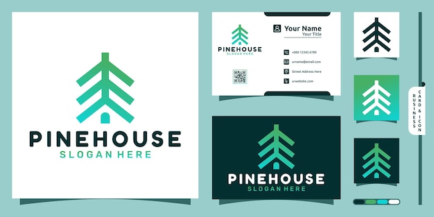 Logotipo de pino con concepto moderno de casa y diseño de tarjeta de visita.