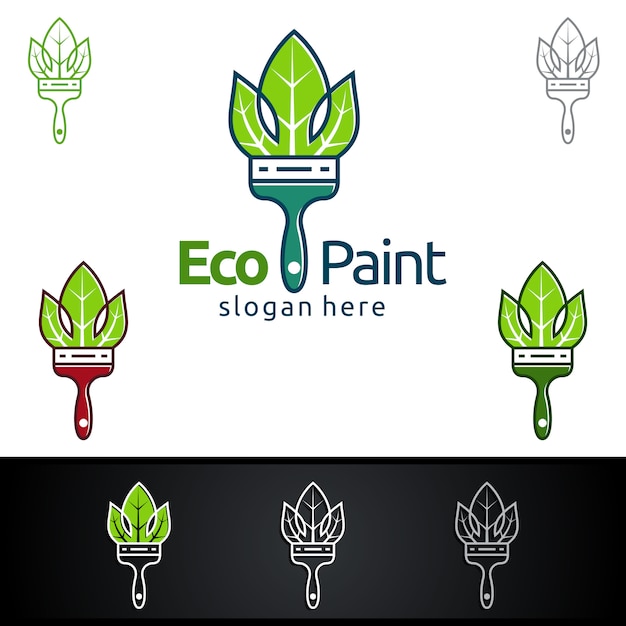Logotipo de pintura ecológica con pincel y concepto orgánico de hoja