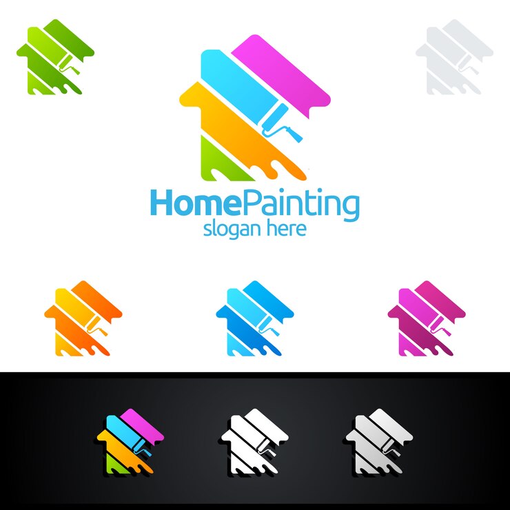 Vector logotipo de pintura para el hogar con pincel y concepto de casa