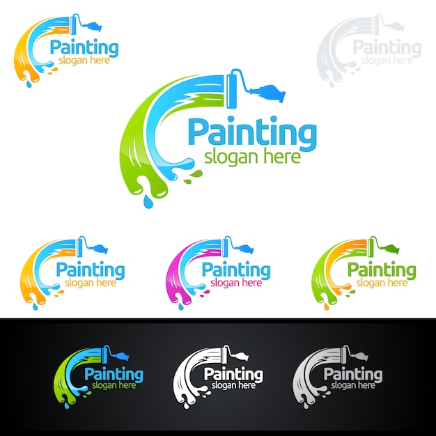 Vector logotipo de pintura con pincel y concepto de círculo colorido