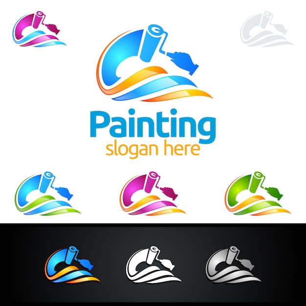 Vector logotipo de pintura con pincel y concepto de círculo colorido