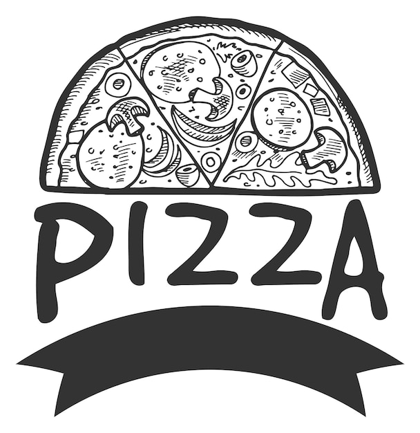 El logotipo de la pizza, el café de comida italiana, el emblema negro.
